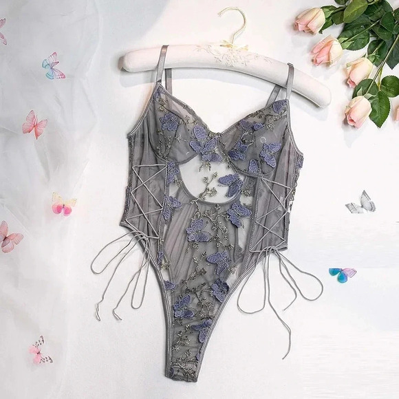 Floral Embroidered Mesh Lace-Up Teddy Bodysuit Size: Medium NWOT - Picture 2 of 8